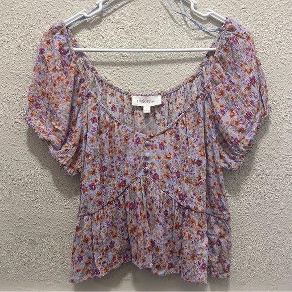 Pink Rose Floral Crop Top Size Large Blue Floral - Picture 1 of 5